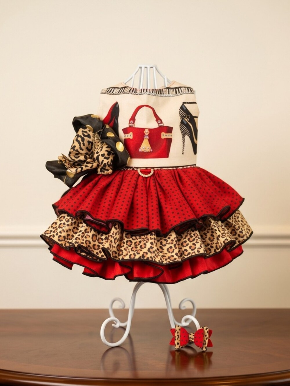 Custom Boutique Dog Gown | Red & Leopard Print | Matching Bow Included